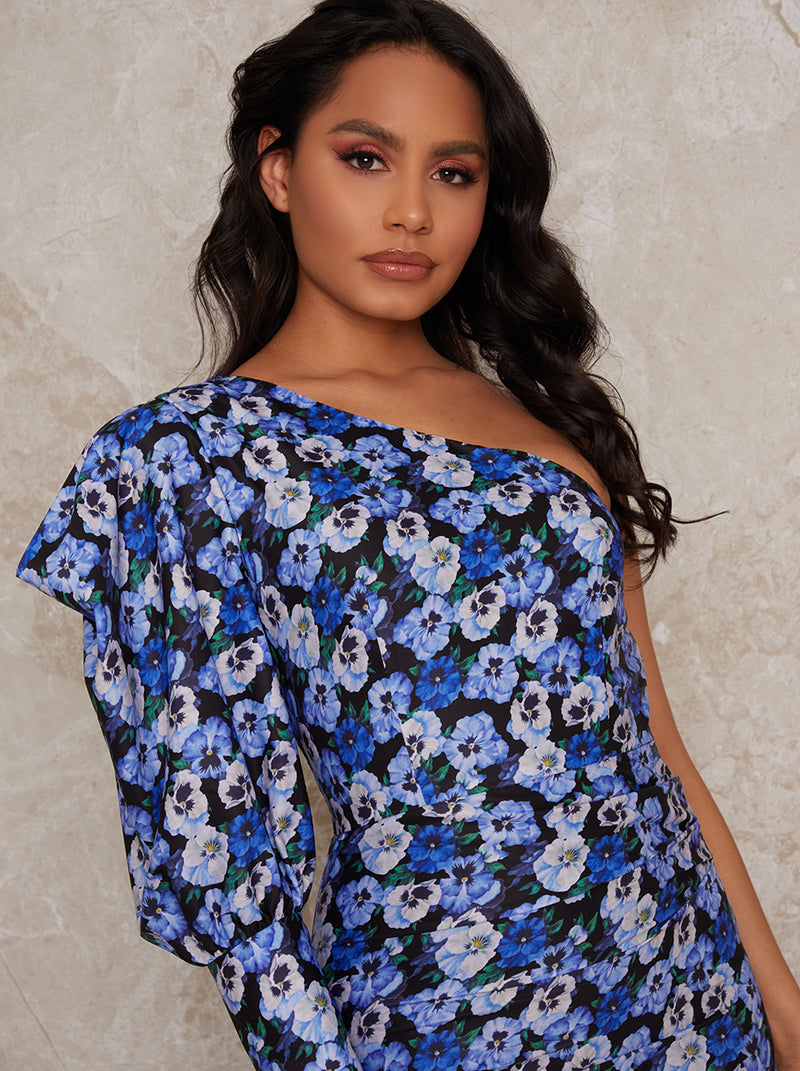 One Sleeve Floral Mini Dress in Blue