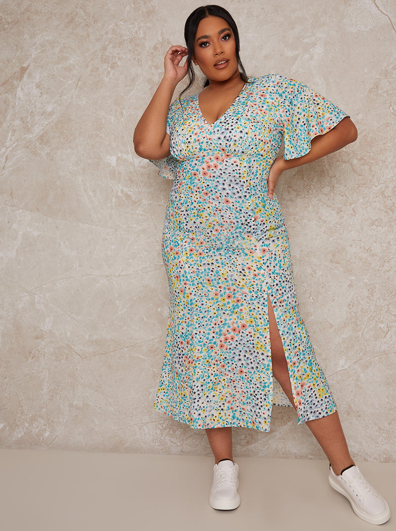 Plus Size Flutter Sleeve Floral Print Midi Day Dress in Multi