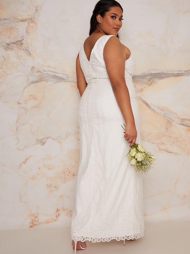 Plus Size Bridal Sleeveless Bodycon Dress with Sequins in White