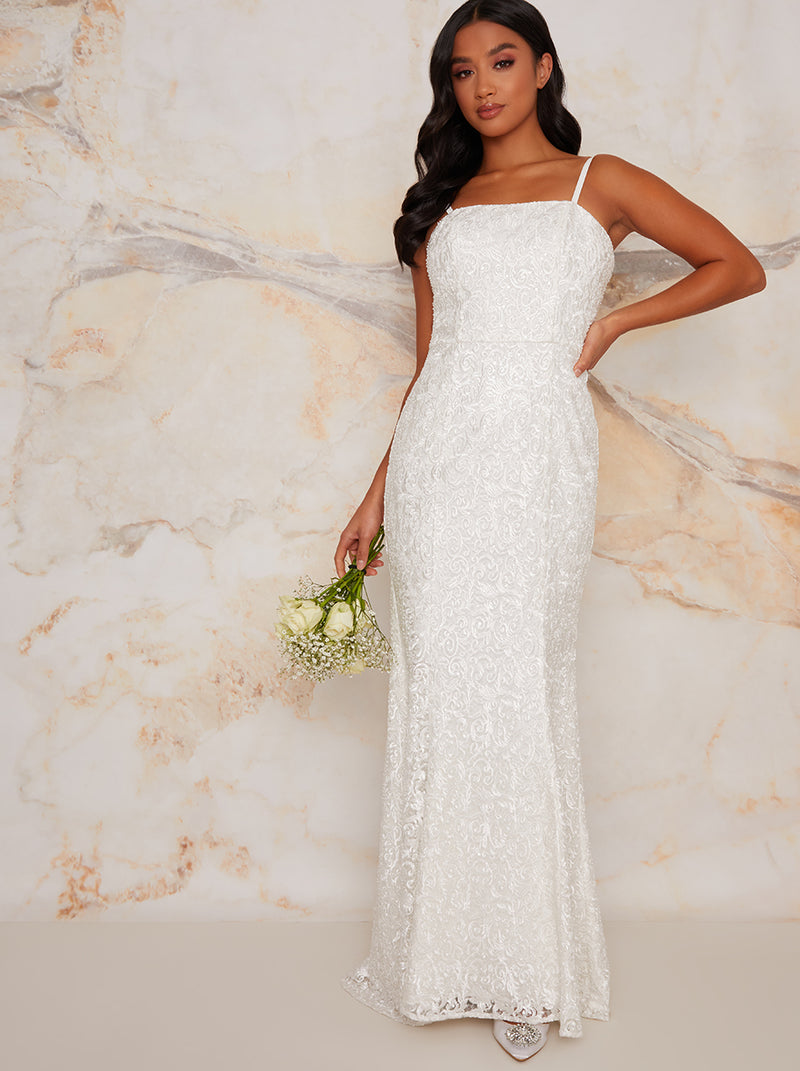 Petite Cami Sequin Embellished Wedding Dress in White