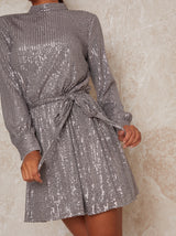 Mini Party Dress with Sequin Design in Metallic