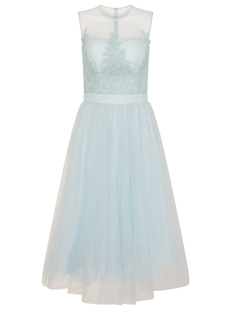Embroidered Tulle Midi Dress in Blue