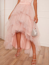 Tulle Tiered Dip Hem Maxi Skirt in Pink