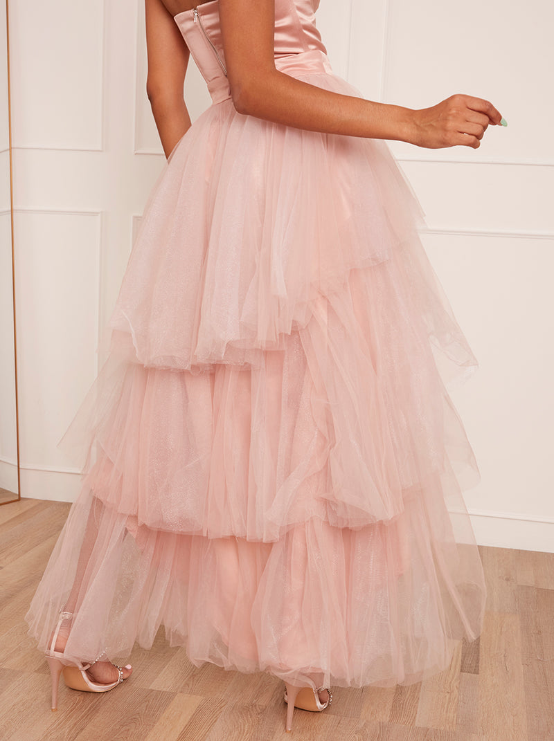 Ruffle Tulle Tiered Dip Hem Maxi Skirt in Pink