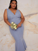 Plus Size Lace Bodycon Dress With Peplum Hem In Blue