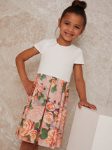 Girls Floral Print Dress with Ruffle Trim in Mink
