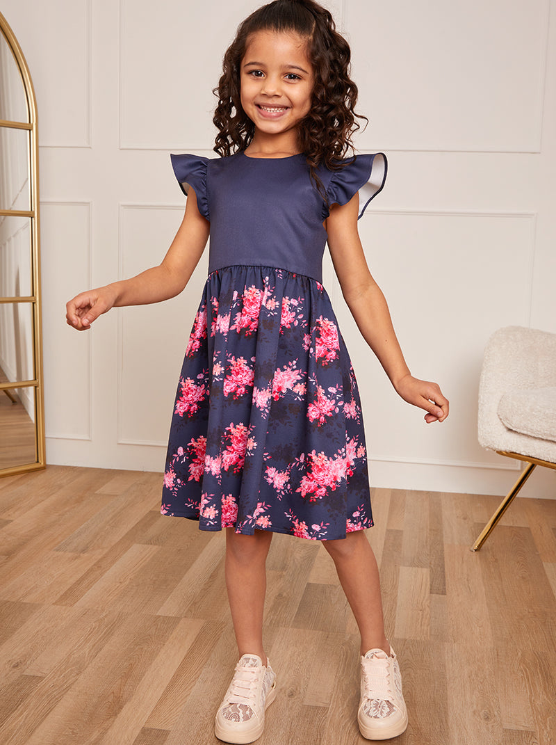 Younger Girls Ruffle Floral Print Midi Dress in Navy