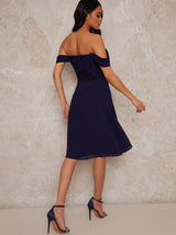 Premium Lace Bodice Bardot Midi Dress in Navy