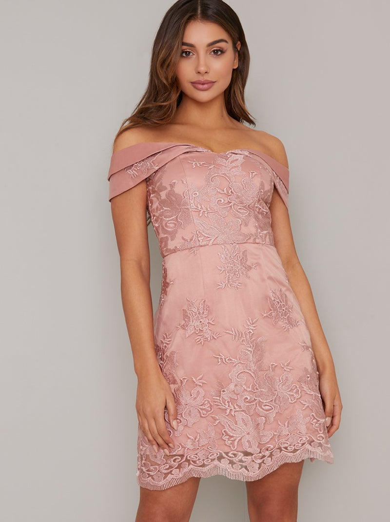 Bardot Lace Overlay Mini Dress In Rose Gold