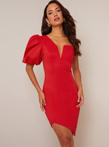 One Shoulder Puff Sleeve Bodycon Dress in Red