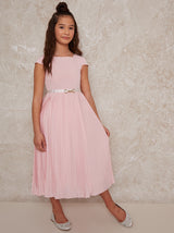 Girls Pleated Midi Dress with Belt Detail in Pink