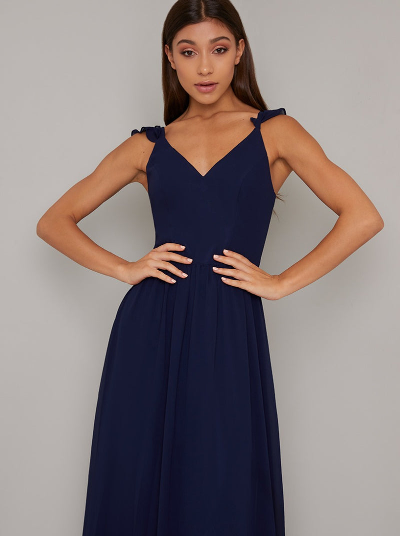 Ruffle Detail Maxi Dress with Back Detailing in Blue