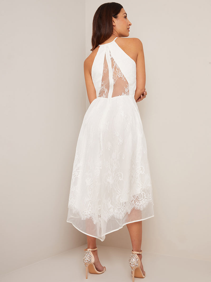 High Neck Lace Embroidered Dress in White