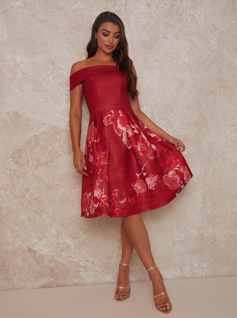 Bardot Floral Print Midi Dress in Red