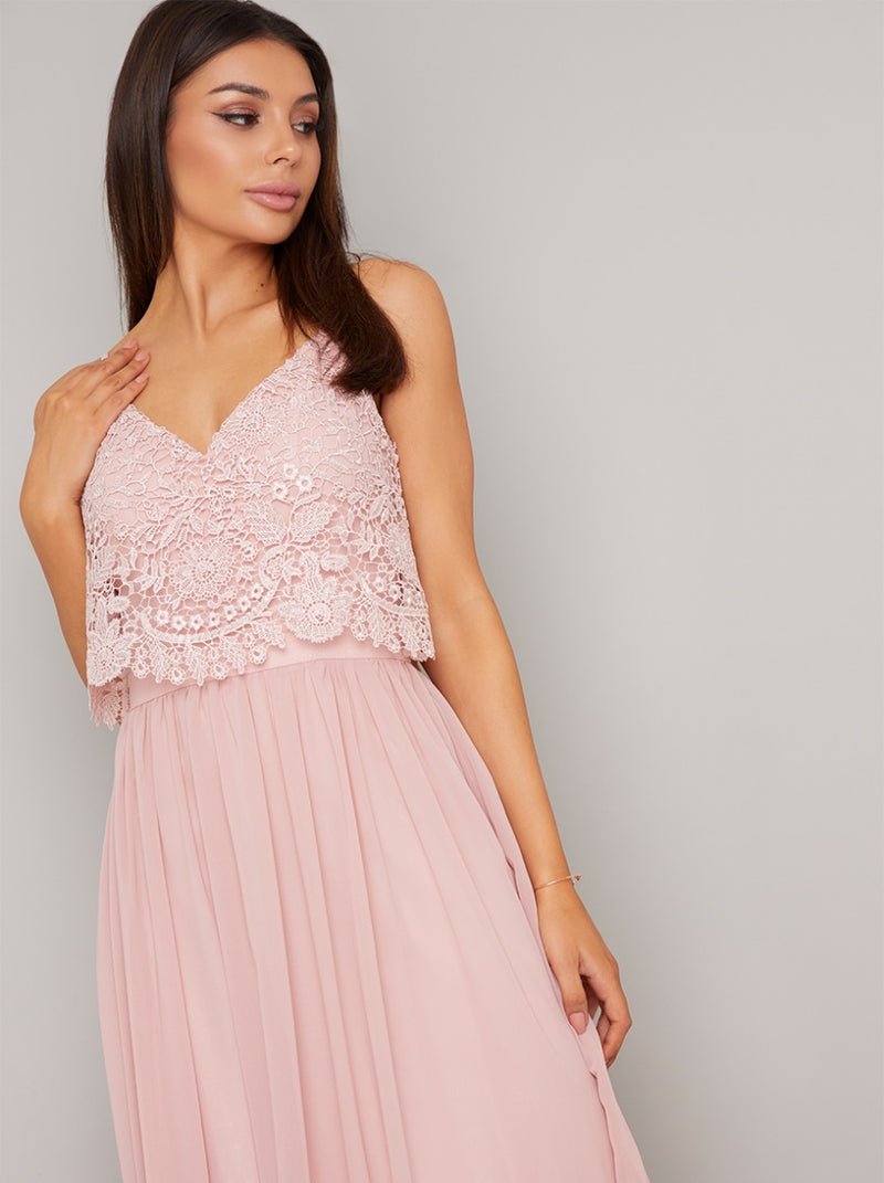 Lace Bodice Overlay Chiffon Maxi Dress In Pink