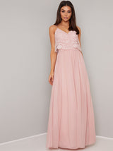 Lace Bodice Overlay Chiffon Maxi Dress In Pink