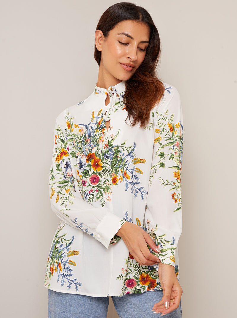 Long Sleeve High Neck Floral Top in White