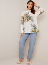 Long Sleeve High Neck Floral Top in White