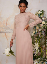 Long Sleeved Lace Pleated Maxi Dress in Champagne