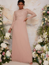 Long Sleeved Lace Pleated Maxi Dress in Champagne