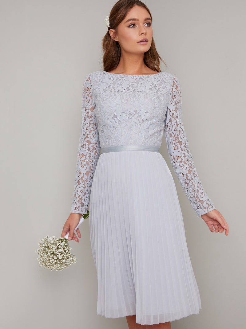 Long Sleeved Lace Bodice Pleated Midi Dress in Blue