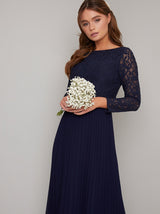 Long Sleeved Lace Bodice Pleat Maxi Dress in Blue