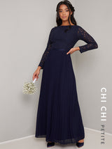 Petite Long Sleeved Lace Pleat Maxi Dress in Blue