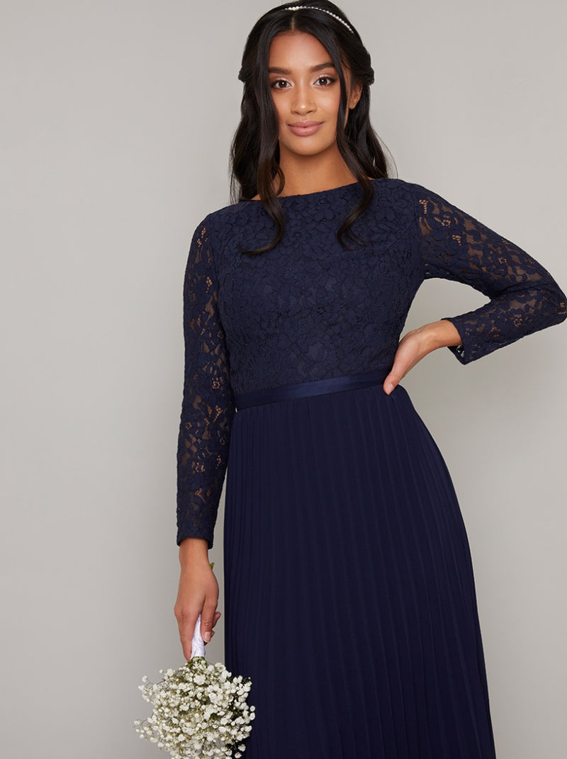 Petite Long Sleeved Lace Pleat Maxi Dress in Blue