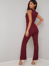Ruffle Detail Fitted Flare Jumpsuit in Red