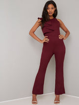 Ruffle Detail Fitted Flare Jumpsuit in Red