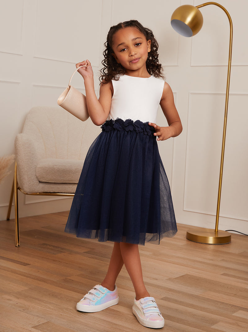 Younger Girls Contrast 3D Floral Tutu Dress in Navy