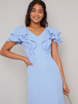 Ruffle Detail Chiffon Maxi Dress in Blue