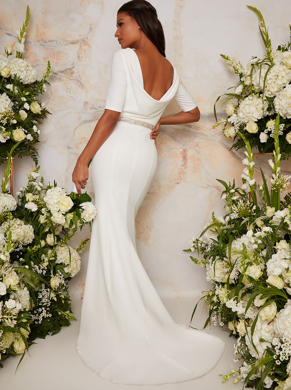 Bridal White Satin Long Drape Maxi Dress