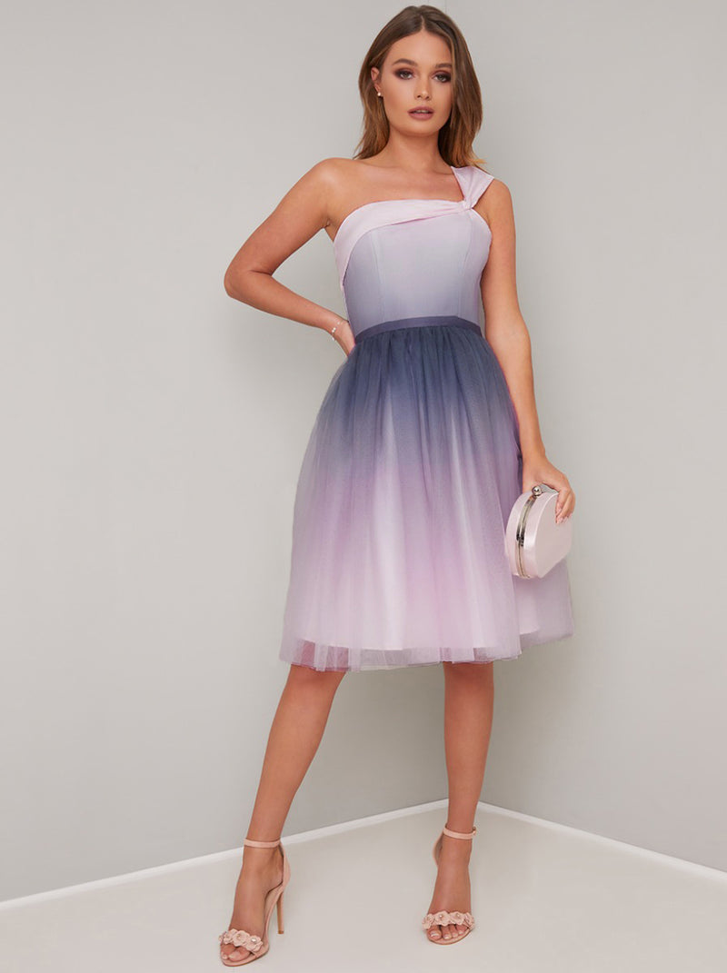 Ombre A-Symmetric Tulle Skirt Midi Dress in Pink