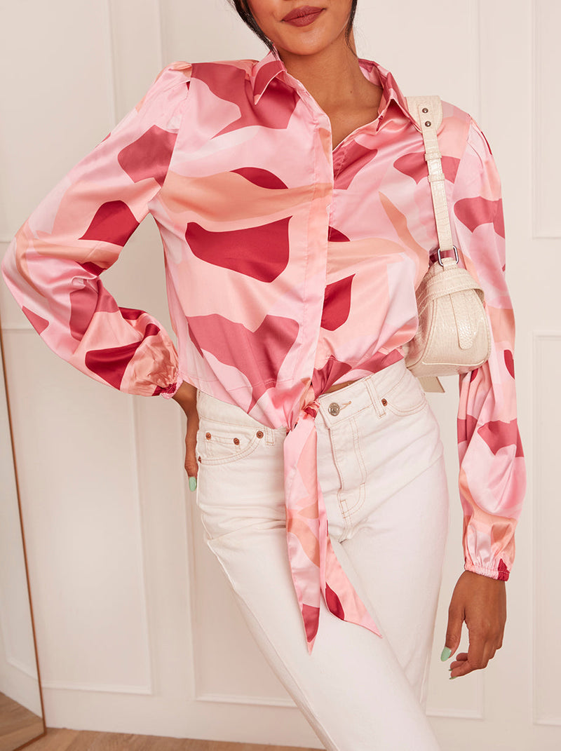 Long Sleeve Tie Front Abstract Shirt in Pink
