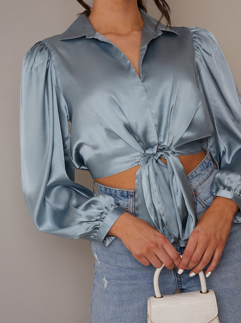 Long Sleeve Tie Front Satin Shirt in Blue