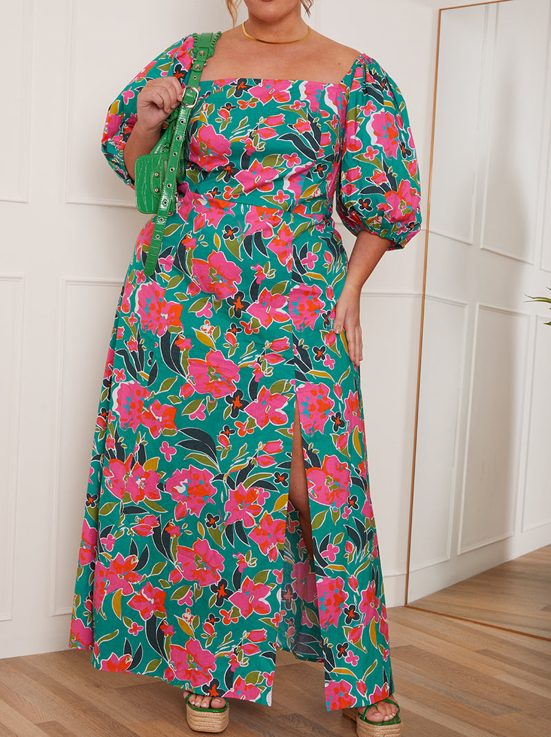 Plus Size Square Neck Floral Maxi Dress in Green