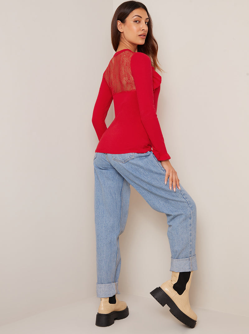 High Neck Ruffle Detail Jumper in Red