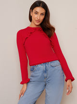 High Neck Ruffle Detail Jumper in Red