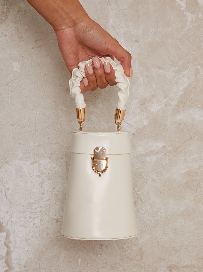 Bucket Style Ruffle Handle Handbag in Cream