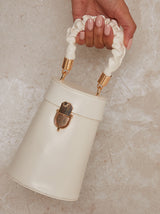 Bucket Style Ruffle Handle Handbag in Cream