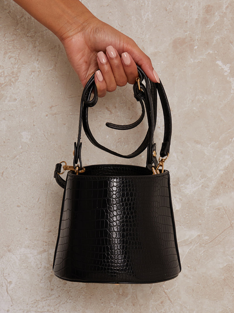 Bucket Bag Faux Leather Croc Design in Black