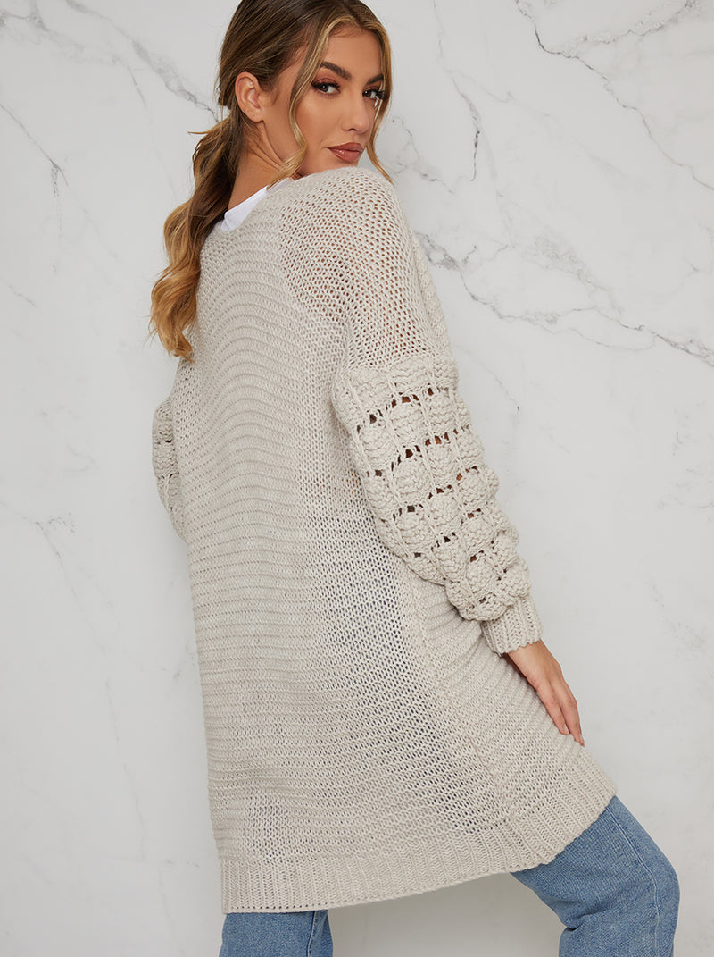 Knitted Bubble Sleeve Long Chunky Cardigan In Beige