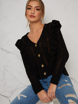 Ruffle Detail Knitted Cardigan In Black