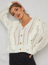 Ruffle Detail Knitted Cardigan In Cream