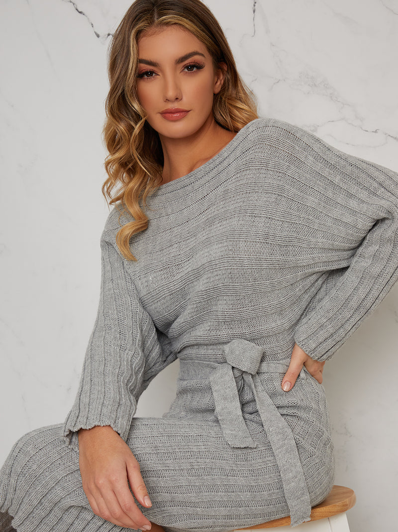 Tie Waist Rib Knitted Jumper Midi Dress in Grey