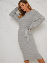 Tie Waist Rib Knitted Jumper Midi Dress in Grey