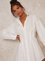 Fitted Waist Shirt Mini Dress in White