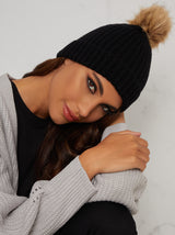 Faux Fur Knitted Rib Hat in Black