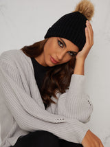 Faux Fur Knitted Rib Hat in Black